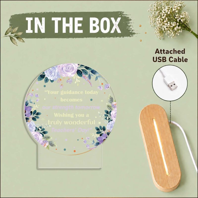Teachers Day LED Night Lamp, Inspirational Teacher Appreciation Gift, Floral Acrylic Plaque with Wooden Base, Warm Light Desk Decor for Teacher, Classroom, School & Home